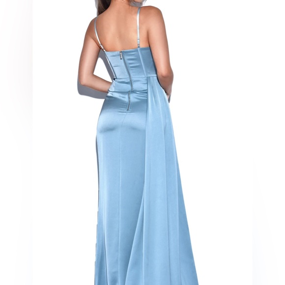 Elayna Pale Blue Strappy Satin Corset High Slit Gown - Picture 6 of 6